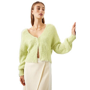 Louna Women Small Cardigan Sweater V-neck Poet Sleeve Cropped Yellow